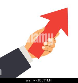 uomo d'affari con una grande freccia rossa che simboleggia crescita, successo, progresso e illustrazione del vettore di direzione Illustrazione Vettoriale