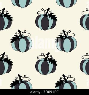 Vibrazioni di Halloween. Motivo con zucche a righe dipinte a mano in blu e grigio scuro. Su sfondo beige cremoso. Illustrazione vettoriale Illustrazione Vettoriale