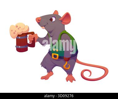 Cartoni animati animale pirata personaggio divertente. Marinaio Corsair, skipper filibuster divertente animale isolato personaggio vettoriale. Allegro ratto o personaggio del marinaio pirata del topo con gancio a mano, che tiene il tankard della birra Illustrazione Vettoriale