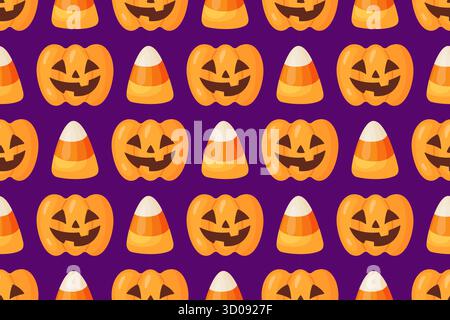 Motivo di Halloween senza cuciture con lanterne sorridenti di zucca e caramelle di mais su sfondo viola. Carino stile cartoni animati. Perfetto per confezionare carta, decorazioni per feste, tessuti e inviti. Vettore Illustrazione Vettoriale
