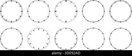 Scala quadrante orologio. Modelli di orologio con timer analogico rotondo. Segni di ora e secondo trattino. Illustrazione Vettoriale