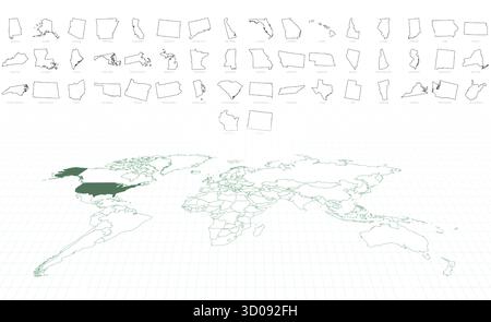 Delineare le mappe dello stato degli Stati Uniti con una mappa del mondo degli Stati Uniti evidenziata. Illustrazione vettoriale. Illustrazione Vettoriale