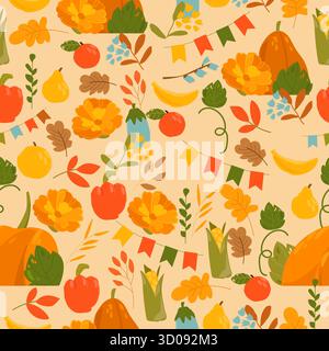 Motivo senza cuciture con foglie autunnali, verdure e zucche Illustrazione Vettoriale