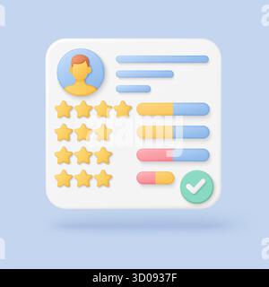 Dashboard di revisione dei clienti con valutazioni a stelle, avatar del profilo, barre di avanzamento e segno di spunta per il feedback, ideale per la reputazione aziendale e l'illustrazione vettoriale di valutazione del servizio Illustrazione Vettoriale