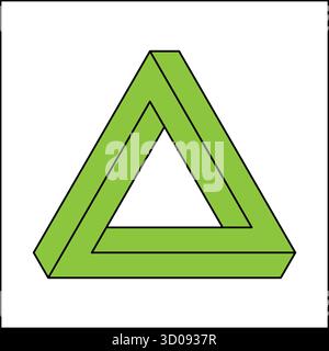 Questo design presenta un triangolo Penrose, un'illusione ottica che appare come un oggetto impossibile. Il vivace triangolo verde crea un effetto visivo sorprendente con il suo aspetto tridimensionale. Illustrazione Vettoriale