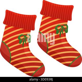 Calze natalizie decorative a righe rosse e gialle con fiocchi verdi. festeggiamenti e calore per le vacanze Illustrazione Vettoriale