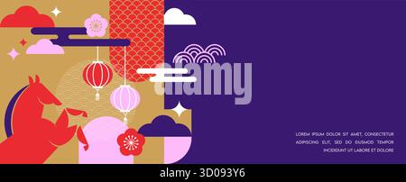Sfondo verticale del nuovo anno lunare, banner, modello di storia sui social media. Capodanno cinese 2024 , anno del Drago. Moderno stile vettoriale geometrico Illustrazione Vettoriale