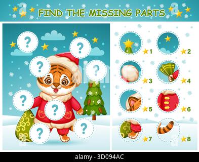Trova i pezzi mancanti a strisce natalizie immagine di un animale gatto tigre e abbina le parti. Puzzle game educativo per bambini. Disegno completo delle festività di Capodanno. Vettore Illustrazione Vettoriale