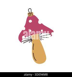 Un fungo stravagante con un cappuccio rosso macchiato da punti bianchi si distingue su uno sfondo semplice. Il design è divertente ed è caratterizzato da una lunga e leggera Illustrazione Vettoriale