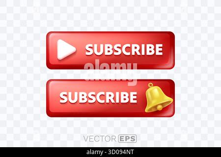 Pulsanti di iscrizione rosso lucido con icone di riproduzione e di notifica della campana. Ideale per la progettazione di interfacce Web, video e app. Illustrazione vettoriale. Illustrazione Vettoriale