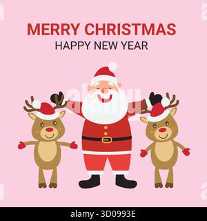 Divertente felice Babbo Natale e due sorridenti saluti di renne. Vettoriale delle illustrazioni natalizie dei cartoni animati. Biglietti di Natale, striscioni. Illustrazione Vettoriale