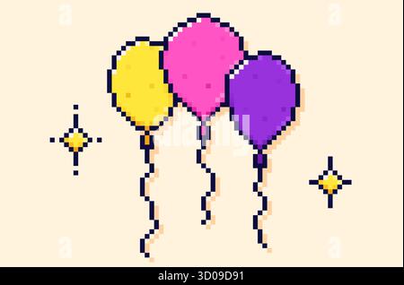 Palloncini colorati e due semplici stelle intorno ad esso. Illustrazione Vettoriale