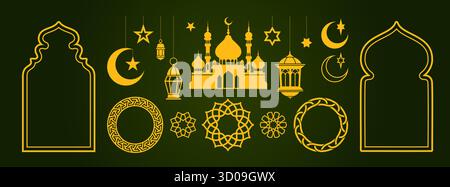 Ornamento Ramadan con cornici ad arco dorate, simboli a mezzaluna, lanterne sospese e sagoma della moschea. Motivi geometrici islamici, stelle decorative per il design celebrativo su sfondo scuro. Illustrazione Vettoriale