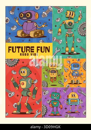 Collage di poster dei droidi hippie dei personaggi più famosi. Divertenti robot positivi ballano con vibrazioni fresche. Volantino con tecnologia rétro con bulloni e dadi, equipaggiamento tecnico per feste per bambini e giochi rétro Illustrazione Vettoriale