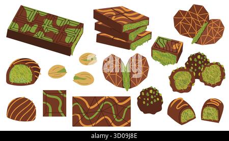 Set di elementi con cioccolato Dubai e caramelle con pistacchio in stile cartoni animati piatto. Simpatici dessert per dolciumi, imballaggi, caffè, dolci della California Illustrazione Vettoriale
