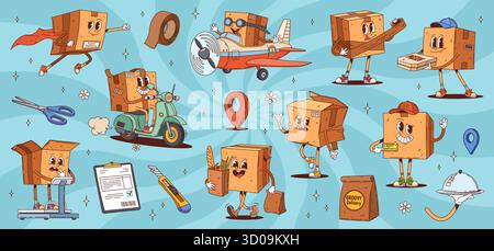 Personaggi della scatola di cartone animato a consegna scanalata. Pacco in cartone retro y2k personaggi vettoriali in uniforme da corriere e costume da supereroe. Divertenti scatole e pacchi di carta marrone Illustrazione Vettoriale