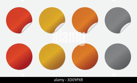 Set di otto adesivi circolari lucidi con texture metalliche in varie tonalità, alcuni dei quali mostrano un distinto effetto spelato su un bianco pulito Illustrazione Vettoriale