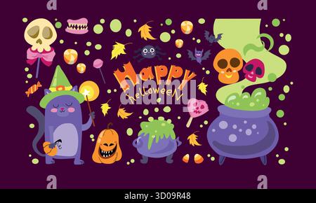 Set Halloween con oggetti natalizi di mascotte fantasmi, zucche, lapide, pozioni, gatto nero, caramelle, occhi, mazza. Illustrazione vettoriale in stile piatto Illustrazione Vettoriale