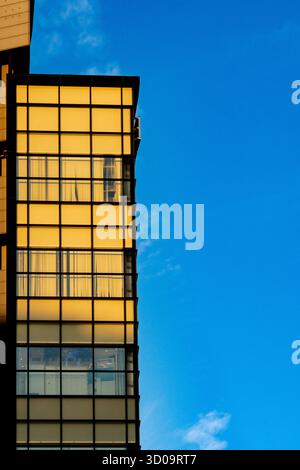 Una suggestiva vista verticale dell'angolo di un alto edificio moderno, caratterizzato da una griglia scura su finestre color oro, Foto Stock