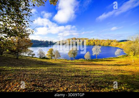 Vista sul Maar dell'anziano e sul paesaggio circostante. Natura nella regione dell'Eifel in autunno. Totenmaar vicino a Daun. Foto Stock