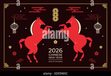 Sfondo orizzontale del nuovo anno lunare, banner, modello di storia dei social media. Capodanno cinese, anno del cavallo. Moderno stile vettoriale geometrico Illustrazione Vettoriale