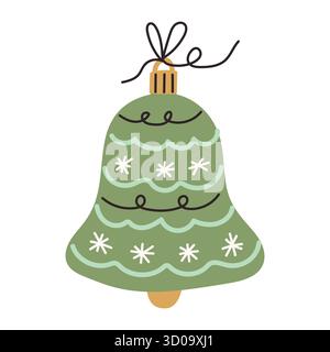 Un ornamento verde a campana natalizia presenta linee ondulate e fiocchi di neve. Questo accessorio decorativo è perfetto per valorizzare le decorazioni natalizie e creare un Illustrazione Vettoriale