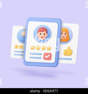 Schede di revisione dei clienti 3d colorate con valutazioni a stelle, pollice in alto e avatar del profilo perfetti per feedback, testimonianze o illustrazione vettoriale dei concetti di reputazione aziendale Illustrazione Vettoriale