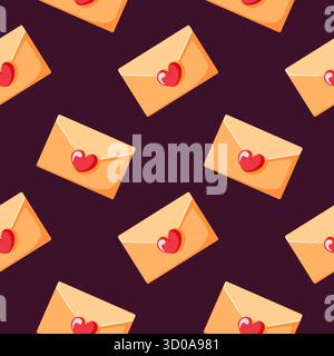 Motivo senza cuciture con busta chiusa sigillata con cuore rosso su sfondo scuro in stile piatto. Ama il romanticismo e l'affetto per il design diurno valentino. Illustrazione Vettoriale
