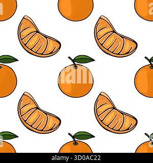 Motivo vettoriale senza cuciture con mandarini interi e tagliati con foglie verdi su sfondo bianco. Illustrazione Vettoriale