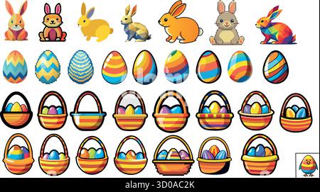 Icone di Pasqua Collezione conigli uova e cesti Illustrazione Vettoriale