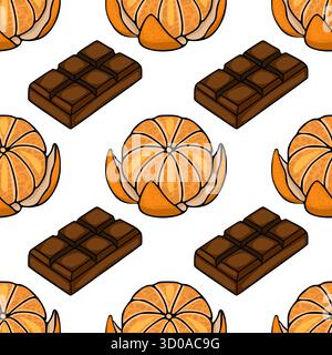 Motivo vettoriale senza cuciture con barrette isometriche di cioccolato e mandarini sbucciati su sfondo bianco. Illustrazione Vettoriale