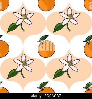 Motivo vettoriale senza cuciture con delicati fiori di mandarino bianco e agrumi maturi su un morbido sfondo di pesca. Illustrazione Vettoriale