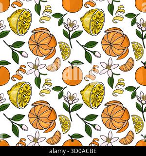Motivo vettoriale senza cuciture con vivaci illustrazioni di agrumi, tra cui limoni interi, limoni a fette, mandarini pelati e segmenti di mandarino Illustrazione Vettoriale