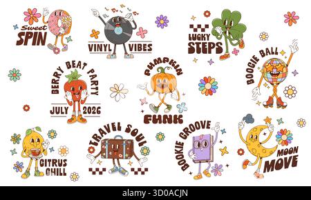 Adesivi retrò Y2K Groovy con divertenti personaggi funky o emoji, set vettoriale di cartoni animati. Adesivi stravaganti con freaky disco boogie ball e emoticon di libri, disco musicale con borsa da viaggio e buone vibrazioni citate Illustrazione Vettoriale