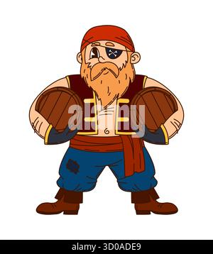Cartoni animati retrò pirata europeo e personaggio corsaro con bandana e un cerotto per gli occhi, trasportando barili di legno. Il personaggio di marinaio isolato con barba vettoriale trasuda un'atmosfera avventuriera del secondo anno Illustrazione Vettoriale