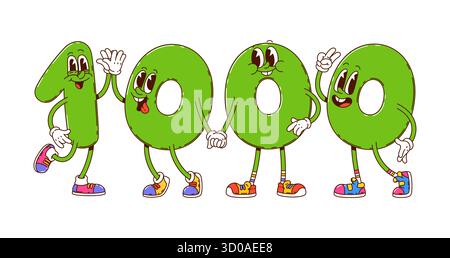 I cartoni animati contano personaggi per i personaggi dell'educazione scolastica, vettoriale divertente mille. Groovy numero 1 uno con 0Zero numeri con facce sciocche per la matematica o l'algebra scolastica dei bambini Illustrazione Vettoriale