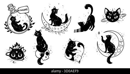 Magia mistica: Gatti neri, luna e stelle, stregoneria e simboli vettoriali astrologici. Animali Mystic Celestial Cat con bottiglia da sogno, teschio e funghi segni artistici per tarocchi gotici o tatuaggi Illustrazione Vettoriale