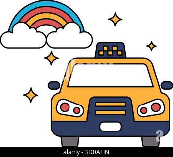Un disegno in bianco e nero di un taxi con un arcobaleno sullo sfondo. Il taxi è parcheggiato in un parcheggio Illustrazione Vettoriale