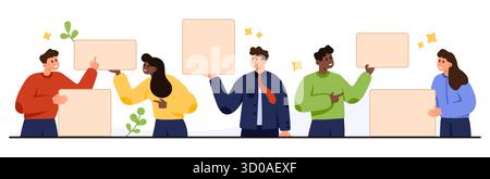 Gruppo di persone diverse in piedi con poster vuoti per messaggi, annunci o presentazioni, isolati su sfondo bianco Illustrazione Vettoriale