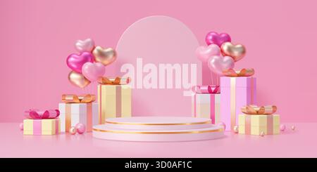 Piedistallo del palco di San Valentino circondato da lussuose confezioni regalo, palloncini con cuore rosa e oro. Piattaforma circolare vettoriale 3d realistica per feste romantiche o presentazioni di festa Illustrazione Vettoriale