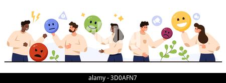 Gruppo eterogeneo di persone con volti emoji che mostrano stati d'animo e feedback diversi, tra cui felice, triste, arrabbiato e neutrale, illustrazione vettoriale isolata su sfondo bianco Illustrazione Vettoriale