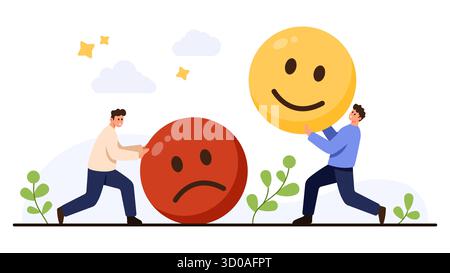 Due uomini interagiscono con grandi volti emoji felici e tristi, che rappresentano feedback, comunicazione ed emozioni positivi e negativi, isolati su sfondo bianco Illustrazione Vettoriale