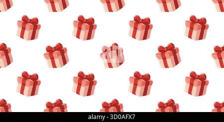 Motivo senza cuciture con scatole regalo cartoni animati su sfondo bianco. Sfondo celebrazione vettoriale. Illustrazione Vettoriale