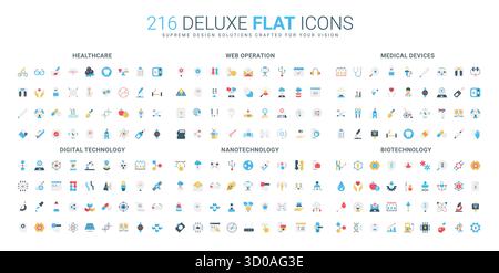 Set completo di icone piatte che coprono l'assistenza sanitaria, il funzionamento sul Web, i dispositivi medici, la tecnologia digitale, la nanotecnologia, e biotecnologie, illustrazione vettoriale isolata Illustrazione Vettoriale