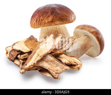 Funghi porcini secchi con funghi porcini freschi isolati su fondo bianco. Tracciato di ritaglio. Foto Stock