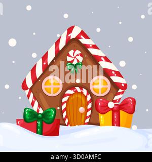 Adorabile casa di pan di zenzero decorata con strisce di canna da zucchero e un lecca lecca, incastonata nella neve profonda con fiocchi di neve cadenti. Due natalizi vivaci Illustrazione Vettoriale