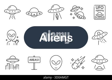 Icona Set alieni. UFO, astronave, faccia aliena, meteora, area 51, città, stella, rapimento, pianeta, cosmo, galassia cielo extraterrestre scienza mistero invas Illustrazione Vettoriale