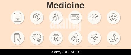 Icona del set di farmaci. File cardiaco, schermo, gruppo di utenti, monitor, elettrocardiogramma, croce, mobile, a forma di cuore, kit di pronto soccorso, pillole, personaggio che corre, mano d'aiuto Illustrazione Vettoriale