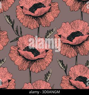 Papavero in fiore. Motivo floreale senza cuciture basato su ornamenti artistici disegnati a mano. Fiori colorati su sfondo colorato. Illustrazione vettoriale. Schema semplice Illustrazione Vettoriale
