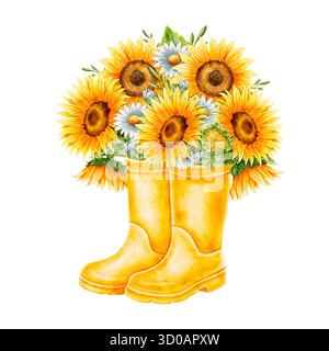 Bouquet di girasoli gialli con foglie verdi e camomilla in stivali di gomma gialli, illustrazione ad acquerello. Adatto per la stampa su biglietti d'auguri, Foto Stock